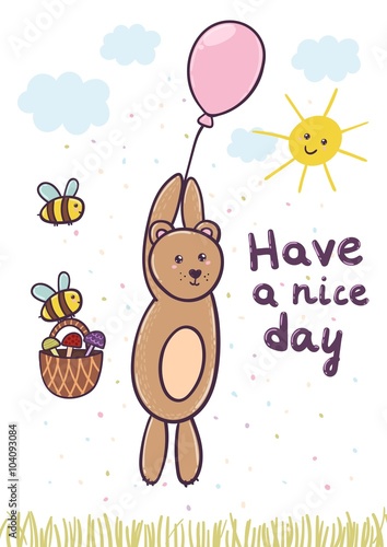 Have a nice day card with a cute bear flying on a balloon