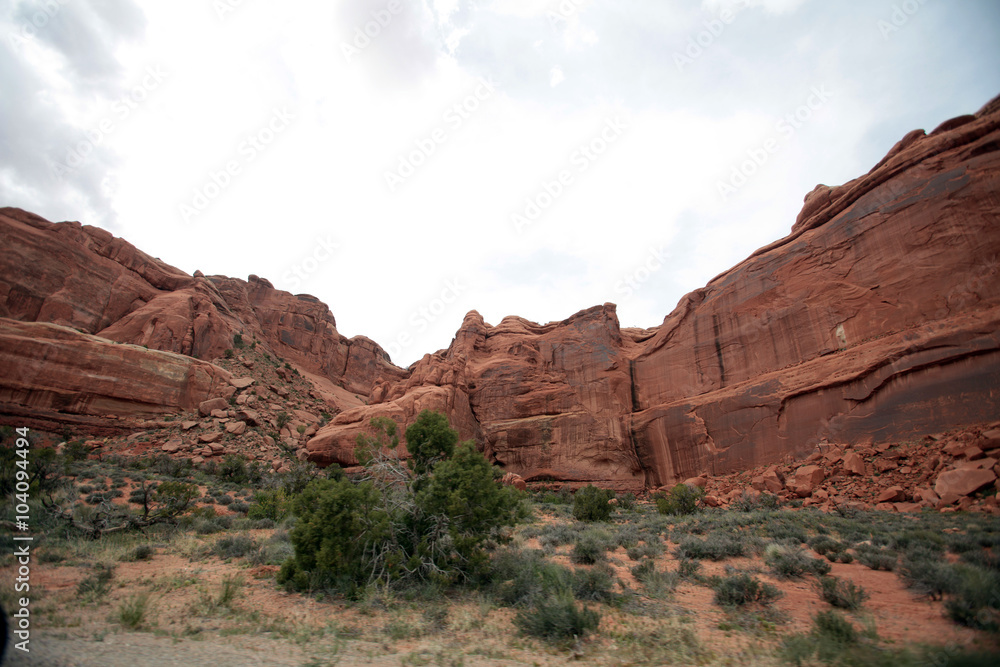 Fototapeta premium The red rock formations of Arches National Park in Utah are the result of thousands of years of wind and water activity.