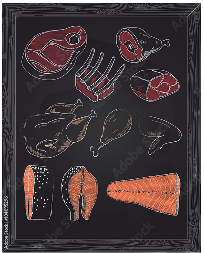 beautiful pieces of meat cattle poultry and fish