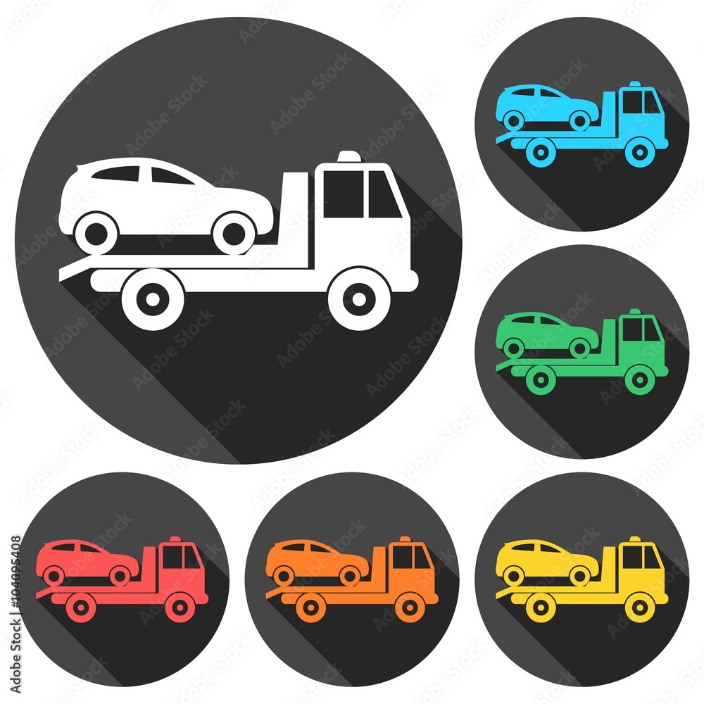 Car towing truck icons set with long shadow Car towing truck icons set with long shadow