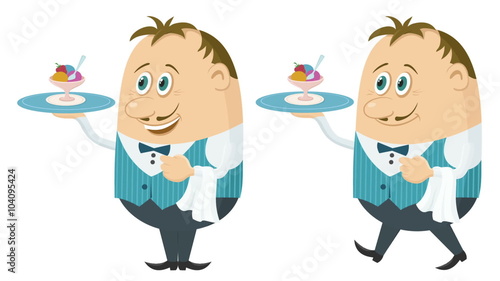 Fullhd 1920x1080 Progressive Seamlessly Looping Video, Waiters, Cartoon Characters in Uniform with Ice Cream in Vase on Trays, Coming to Serve Clients. Animated Elements. Alpha Matte Included