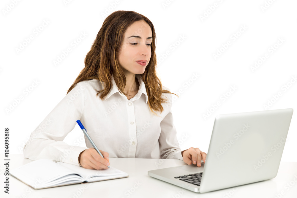 Smiling business woman working on her computer Smiling business woman working on her computer