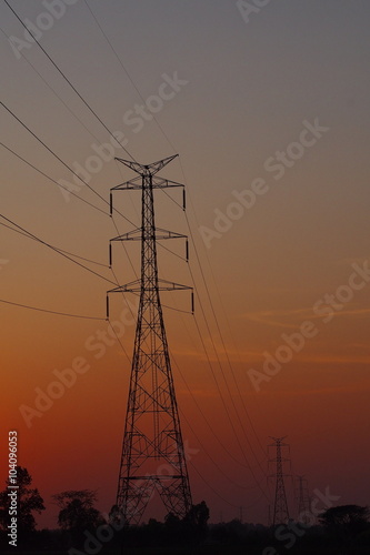 High voltage post and sunset in the evening