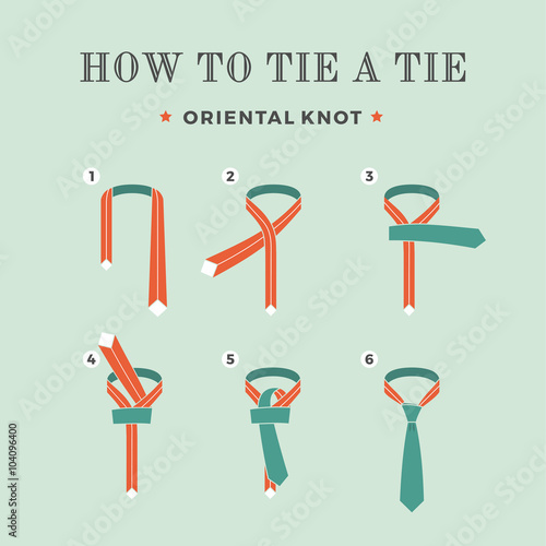 Instructions on how to tie a tie on the turquoise background of the eight steps. Oriental knot . Vector Illustration.