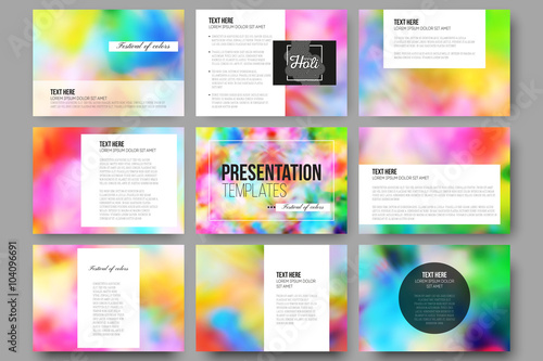 Set of 9 templates for presentation slides. Colorful background, Holi celebration, vector illustration