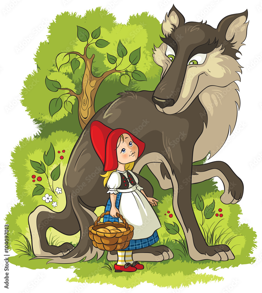 Little Red Riding Hood and Wolf in the forest - obrazy, fototapety, plakaty 
