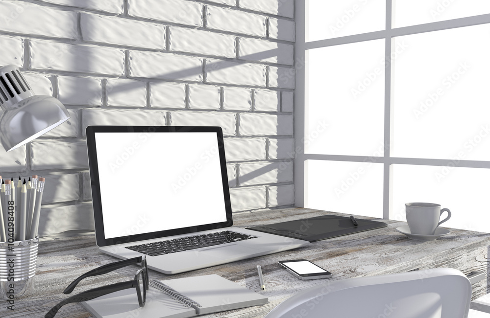 3D illustration laptop and work stuff on table near brick wall, Workspace 3D illustration laptop and work stuff on table near brick wall, Workspace
