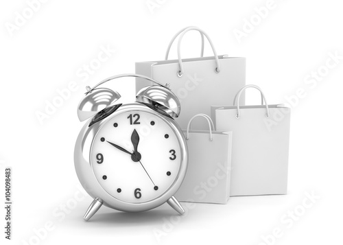 alarm clock and shopping bag (time to buy concept)