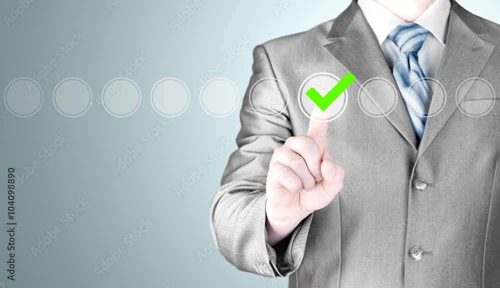 business man touching, pressing modern button with green ticking Check Box. business man touching, pressing modern button with green ticking Check Box.
