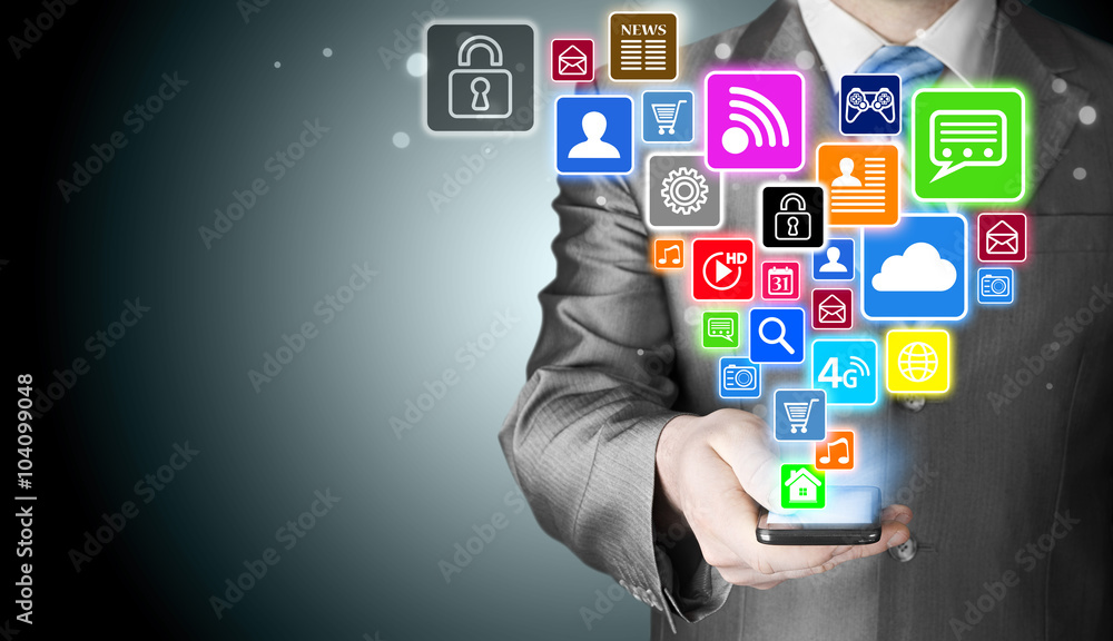Business man using smart phone with social media icon set Business man using smart phone with social media icon set