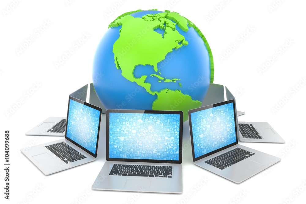 Laptop network around earth globe. 3d render Laptop network around earth globe. 3d render