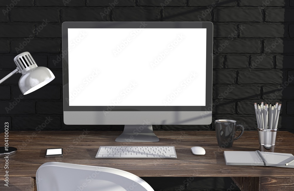 3D illustration PC screen on table in office, Workspace 3D illustration PC screen on table in office, Workspace