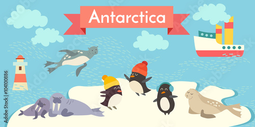 Antarctica cartoon animals vector illustration set. Penguin, walrus, seal, lighthouse, boat.