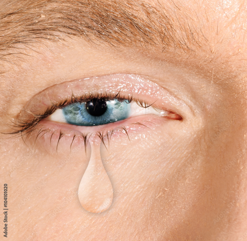 Crying blue eye of caucasian white man. concept of sadness, fear ...