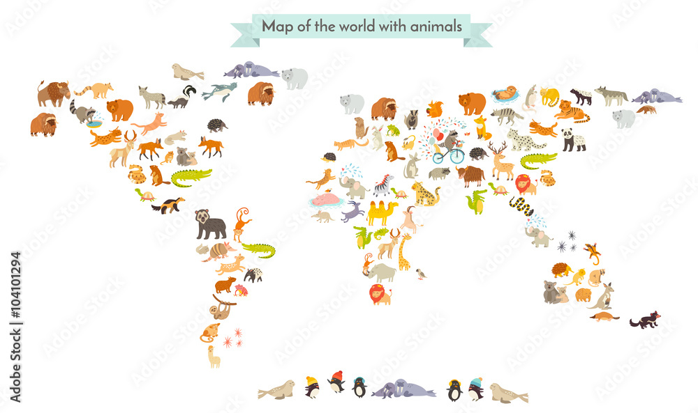 World mammal map silhouettes. Animals world map. Isolated on white ...