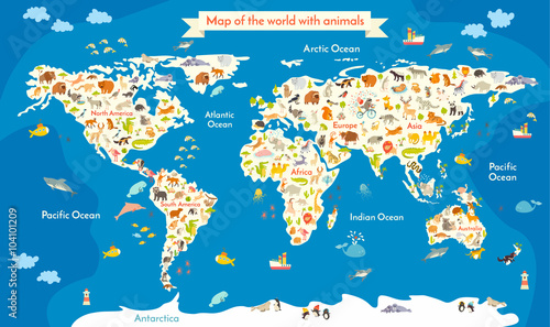 Map of the World with animals. Beautiful colorful vector illustration with the inscription of the oceans and continents. Preschool, for baby, children, kids and all people