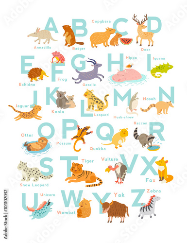 Fototapeta Naklejka Na Ścianę i Meble -  Cute vector zoo alphabet. Funny cartoon animals. Vector Illustration EPS10 isolated on white background. Letters. Learn to read
