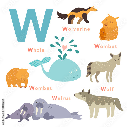 W letter animals set. English alphabet. Vector illustration, isolated on white background