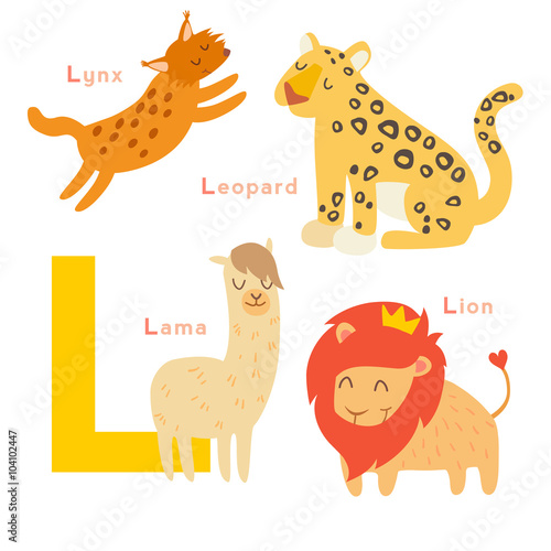 L letter animals set. English alphabet. Vector illustration, isolated on white background