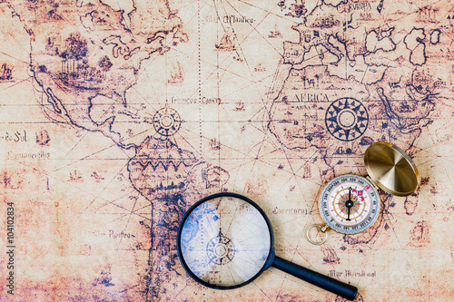 Treasure Map with old Compass telescope and magnifying glass
