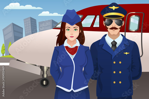 Pilot and Flight Attendant in Front of the Airplane