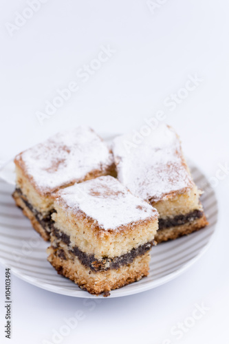 Poppy seed cakes on the plate over white background