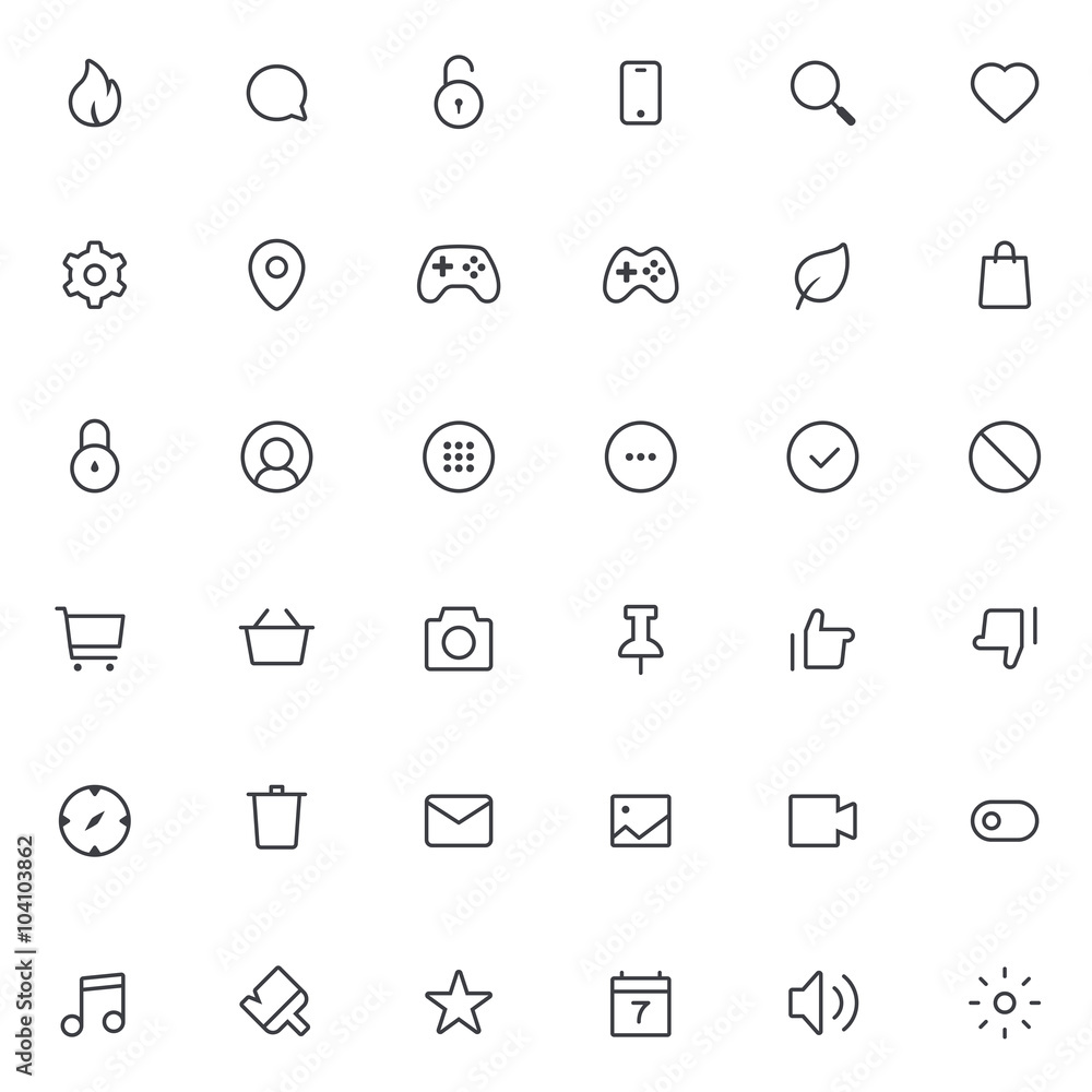 Outline vector icons for web and mobile. 36 Icons, 2 pixel stroke & 48x48 resolution Outline vector icons for web and mobile. 36 Icons, 2 pixel stroke & 48x48 resolution