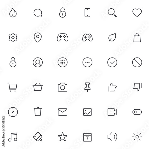 Outline vector icons for web and mobile. 36 Icons, 2 pixel stroke & 48x48 resolution