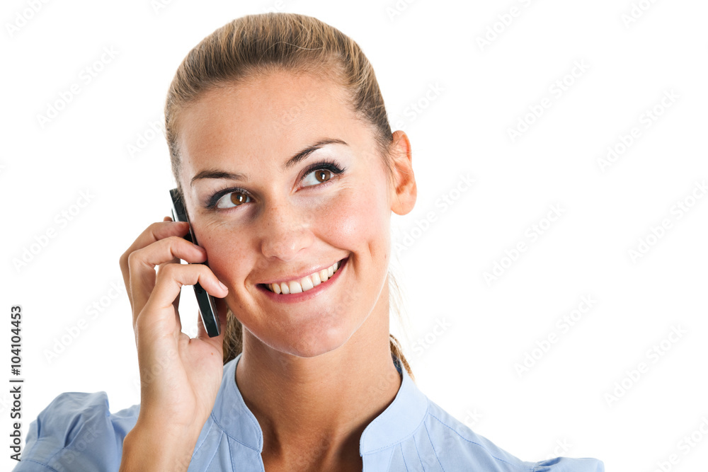 Happy woman phone talking. Face with toothy smile, isolated over white Happy woman phone talking. Face with toothy smile, isolated over white