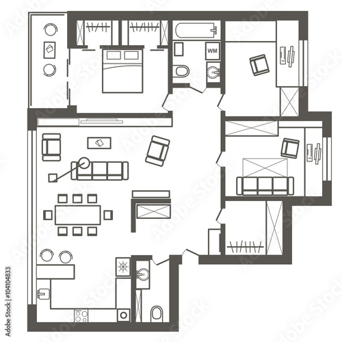 linear architectural sketch plan of three bedroom apartment