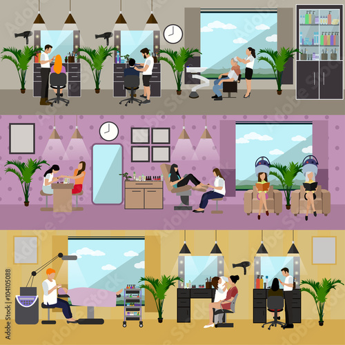 Beauty salon interior vector concept banners. Haircut, manicure and make up atelier. Women spa, beauty studio illustration in flat