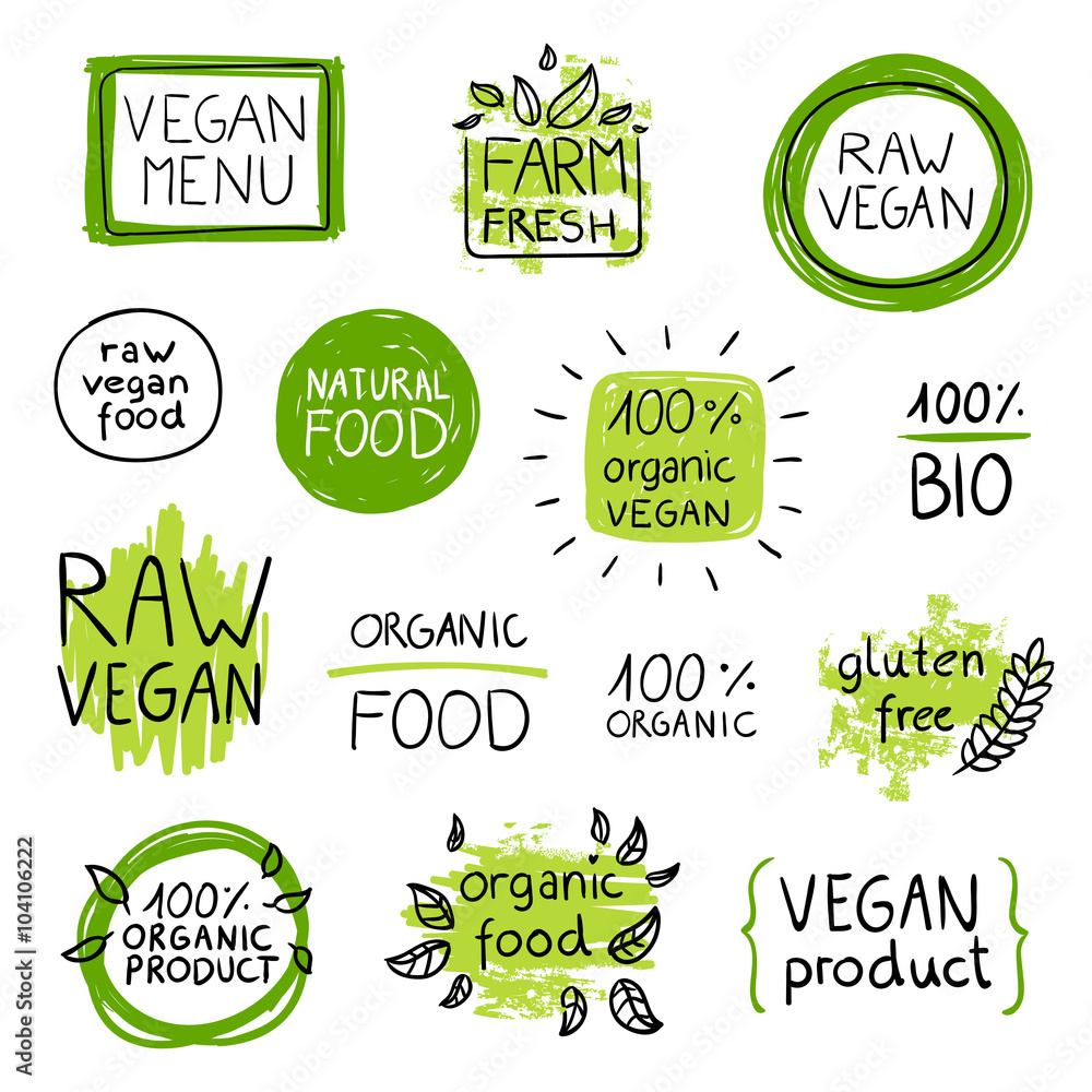 Vector Illustration of Healthy Organic Vegan Food Lables - obrazy, fototapety, plakaty 