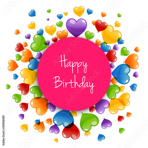Vector Illustration of a Happy Birthday Greeting Card with Colorful Heart Balloons