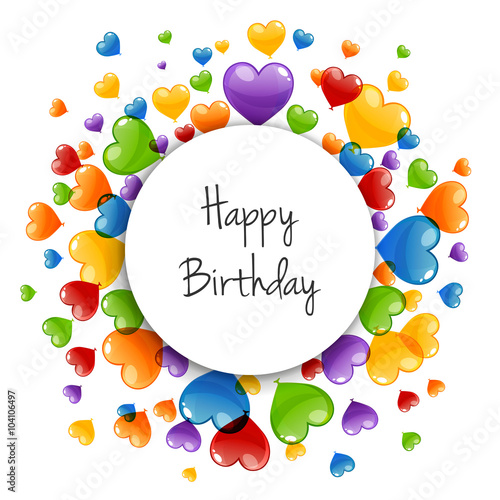 Vector Illustration of a Happy Birthday Greeting Card with Colorful Heart Balloons
