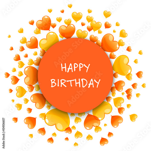 Vector Illustration of a Happy Birthday Greeting Card with Orange and Yellow Heart Balloons