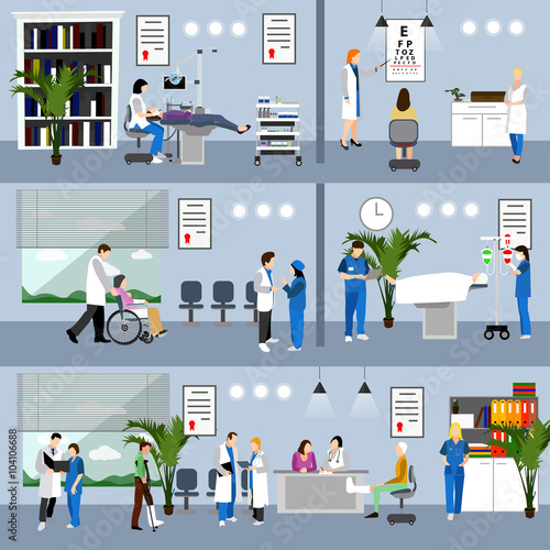 Horizontal vector banners with doctors and hospital interiors. Medicine concept. Patients passing medical check up, surgery operation room