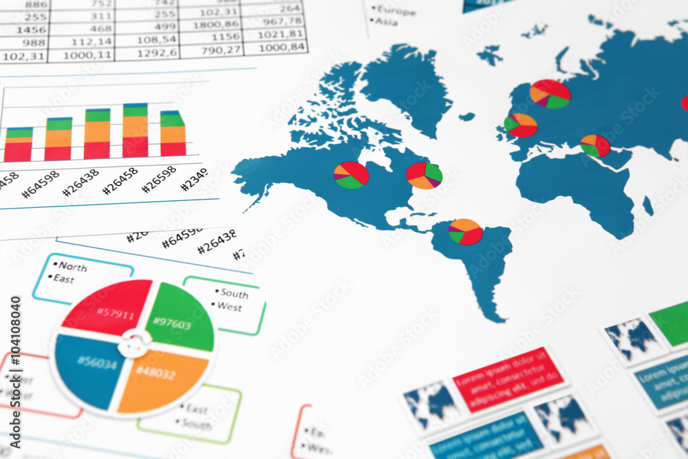 Obraz premium World map with charts, graphs and diagrams