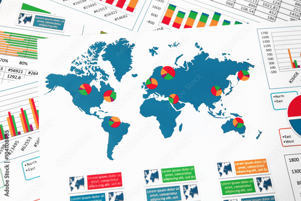 World map with charts, graphs and diagrams World map with charts, graphs and diagrams