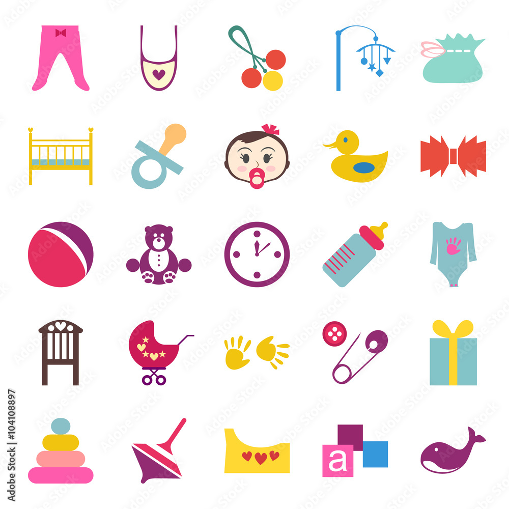 Set of colorful baby item icons