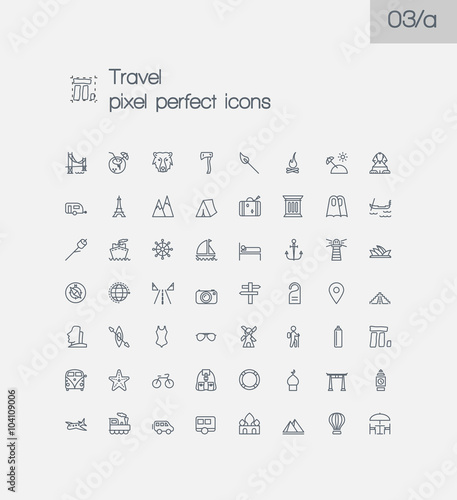 Travel and tourism modern thin line pixel perfect icons set. Pre