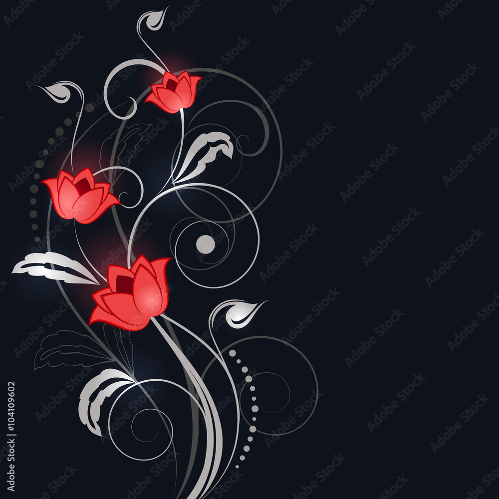 Abstract black background with white and red flower ornament. Abstract black background with white and red flower ornament.