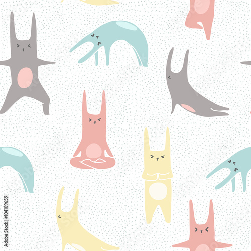 rabbits doing yoga poses. Seamless pattern in vector.