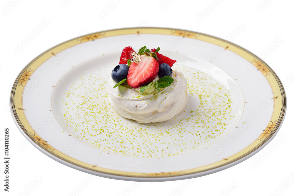 pavlova cake decorated with gold, raspberries, blueberries and m pavlova cake decorated with gold, raspberries, blueberries and m