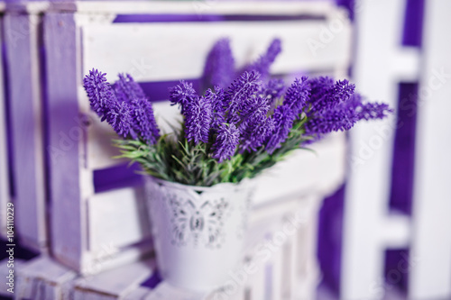 Fototapeta Naklejka Na Ścianę i Meble -  pink flower in white vase on wooden white background. shallow depth of field