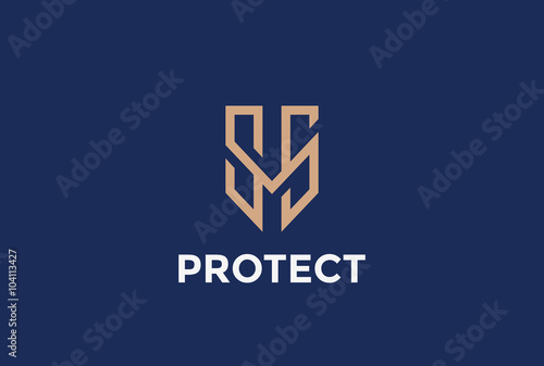 Shield Protection Logo letter M vector linear style Logotype