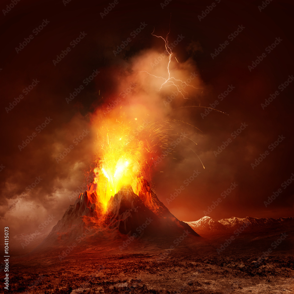 Volcano Eruption. A large volcano erupting hot lava and gases into the atmosphere. Illustration. - obrazy, fototapety, plakaty 