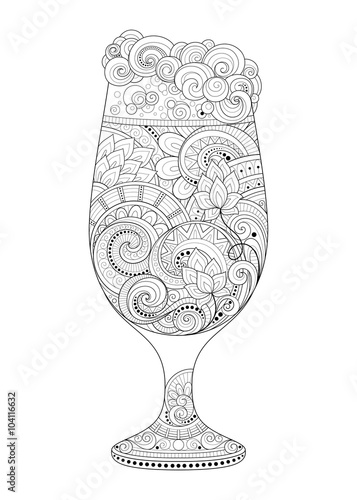 Vector Monochrome Contour Glass of Beer with Decorative Doodle P