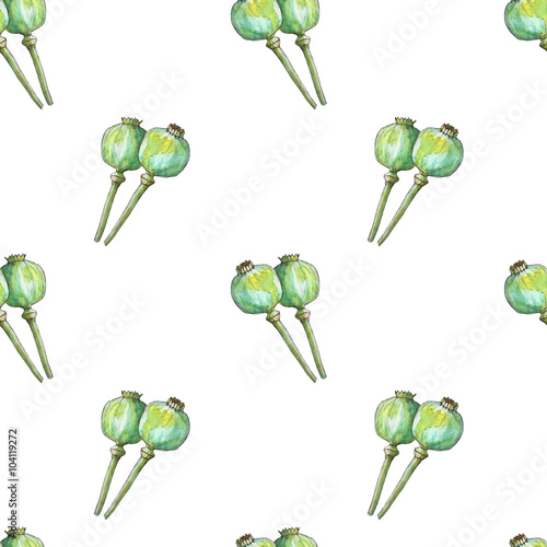 Seamless pattern of poppies seed capsule in watercolor
