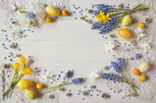  Easter background with flowers hyacinths, daffodils and eggs 