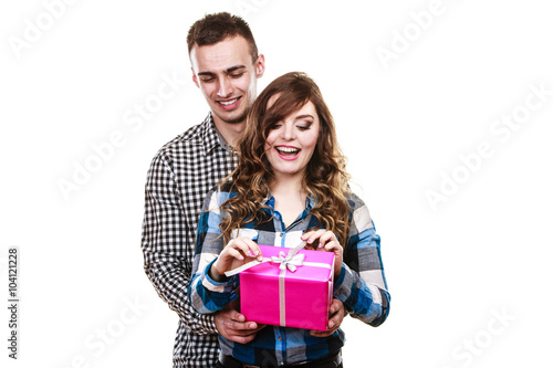 couple in love with pink gift box